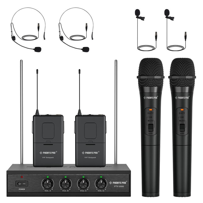Phenyx Pro Wireless Microphone System, 4-Channel VHF Wireless Microphone Set with 2 Handhelds/2 Bodypacks/2 Lapels/ 2 Headset, Metal Receiver, Suitable for Church, Meeting, Conference(PTV-2000-2H2B) - Image 1